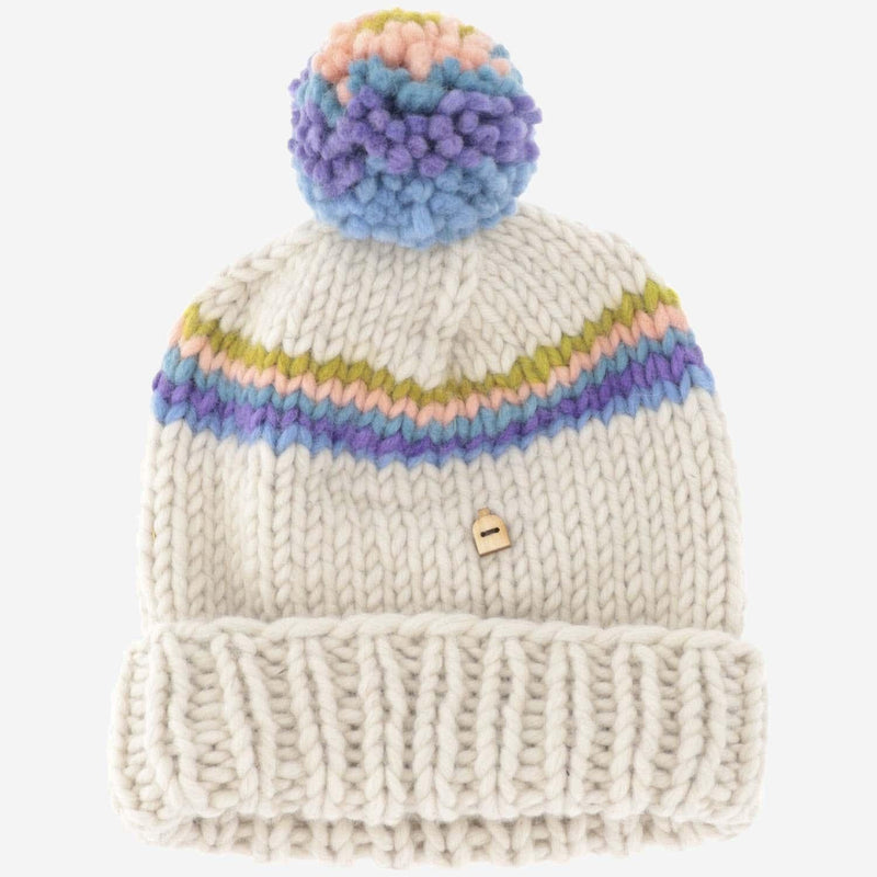 Myssy Sompa Wool With Striped Pom Beanie — White Finnshep Beanies