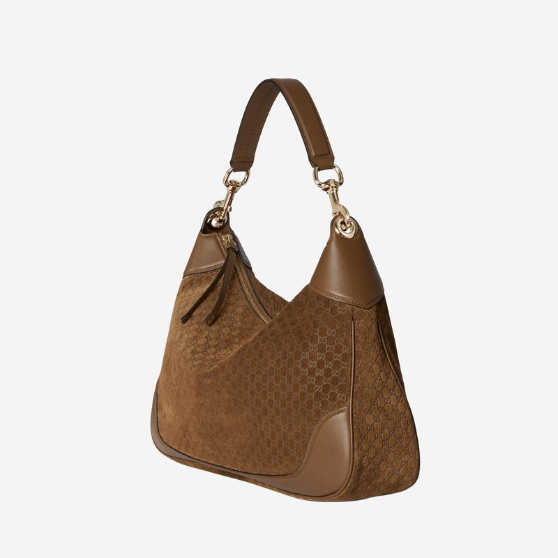 Gucci Gg Monogram Embossed Suede Shoulder Bag — Brown Leather