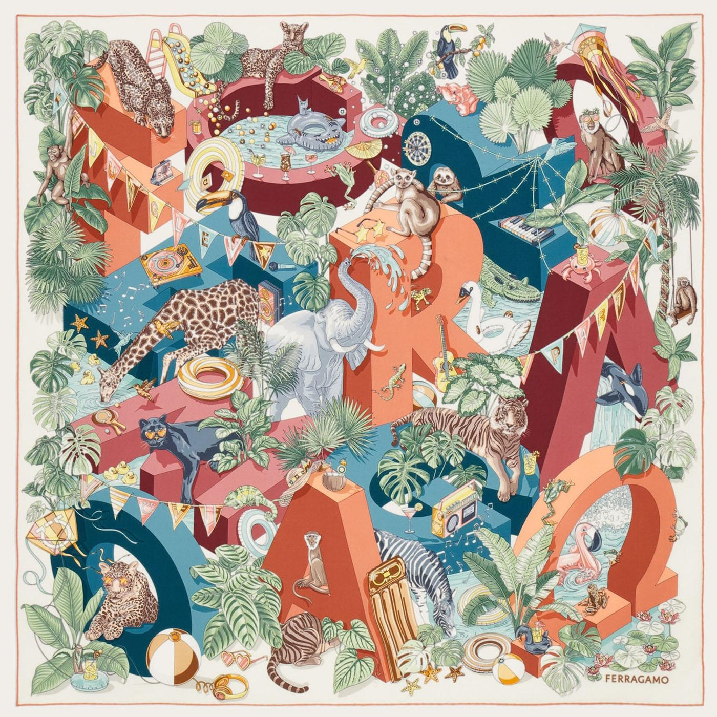 Ferragamo Jungle Party Silk Scarf — Multicolor Scarfs