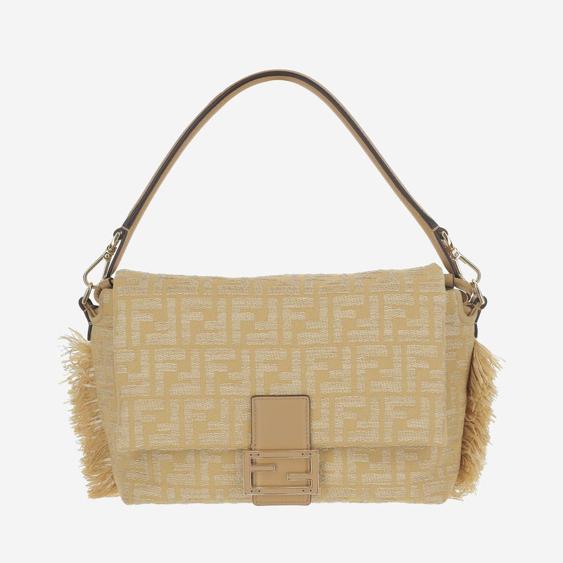 Fendi Leather Jacquard Shoulder Bag — Beige