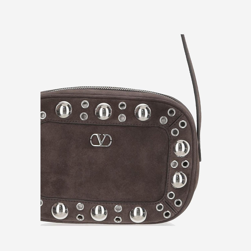 Valentino Garavani Studded Suede Shoulder Bag — Brown Leather