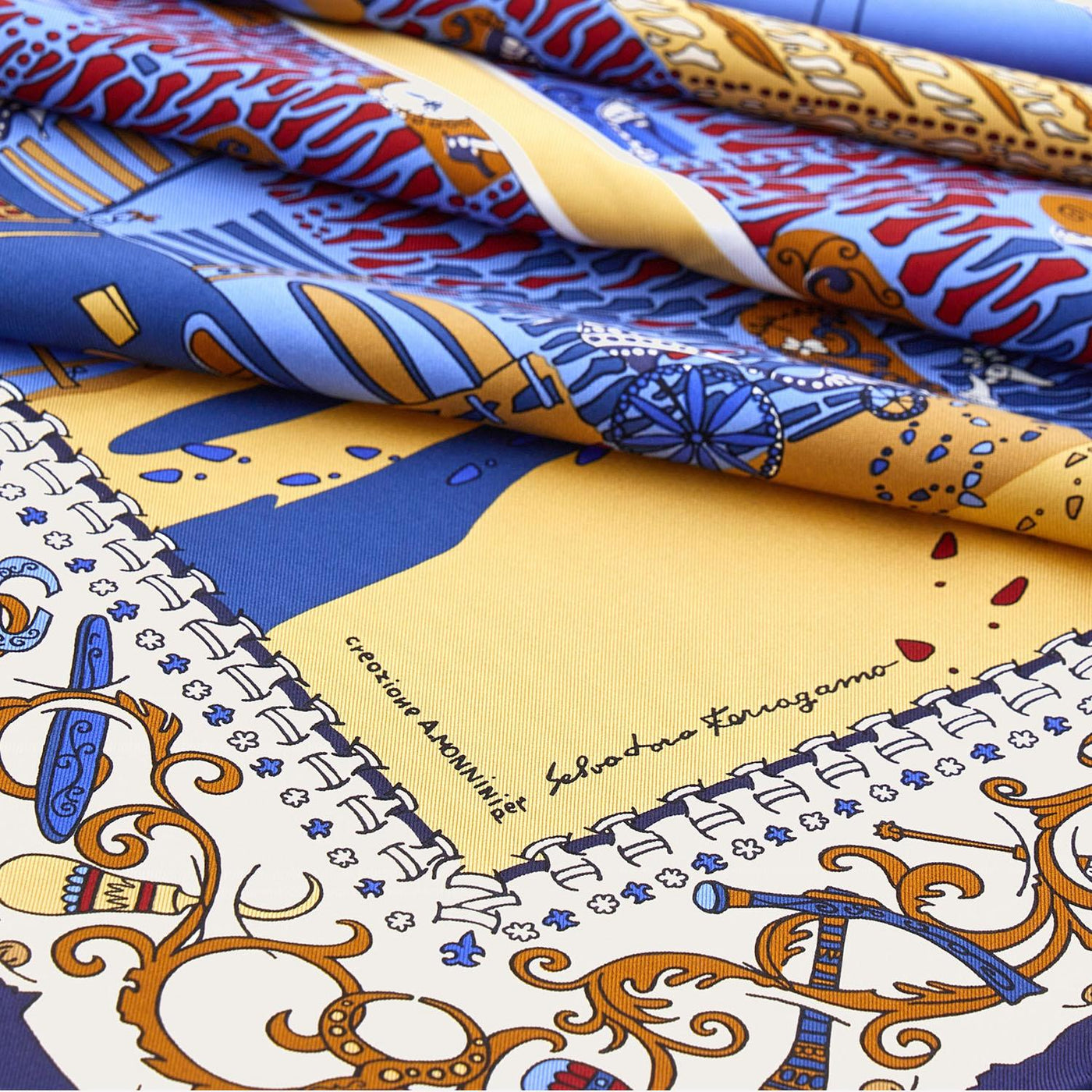 Ferragamo Silk Printed Scarf — Beige Scarfs