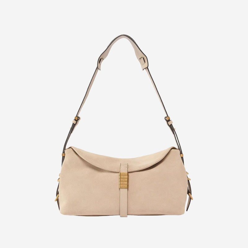 Pinko Suede Leather Baguette Shoulder Bag — Beige