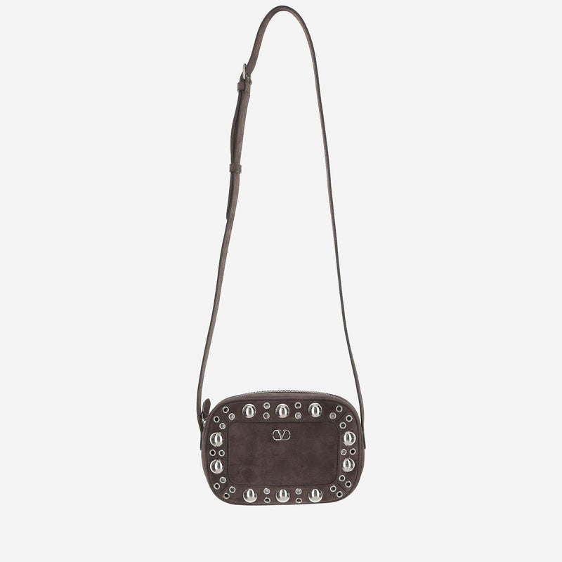 Valentino Garavani Studded Suede Shoulder Bag — Brown Leather