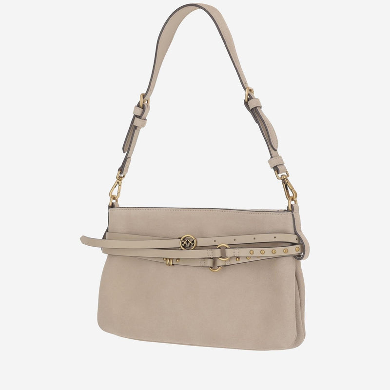 Pinko Studded Belt Detail Shoulder Bag — Beige Leather