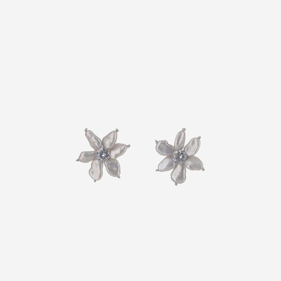 Mela Flower Motif Pearl Earrings — White Pearls/metal