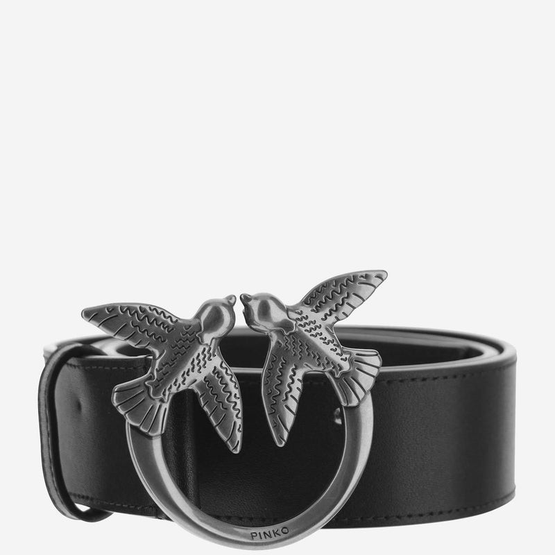 Pinko Love Birds Buckle Belt — Black Leather