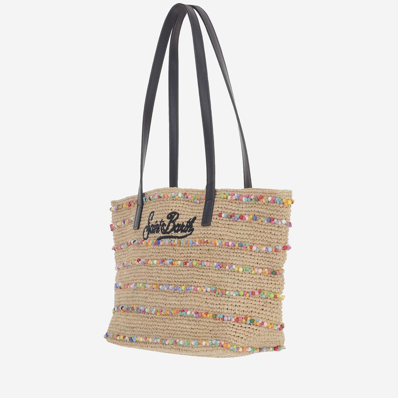 Mc2 Saint Barth Woven Raffia With Beaded Stripes Tote Bag — Beige