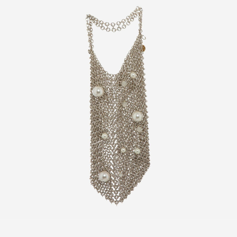 Silvia Gnecchi Pearl-Embellished Mesh Top Handle Bag — Gold Brass