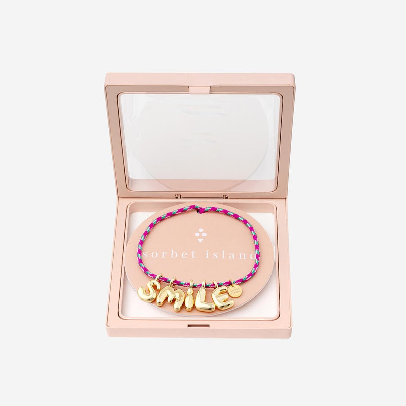 Sorbet Island Bubble Letter Necklace — Multicolor Fabric And Metal Necklaces
