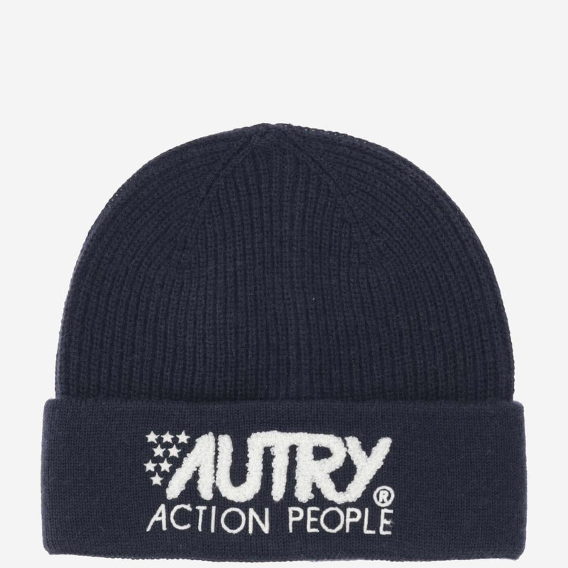 Autry Acsu498y Wool Blend Ribbed Beanie — Navy Polyacrylic Beanies