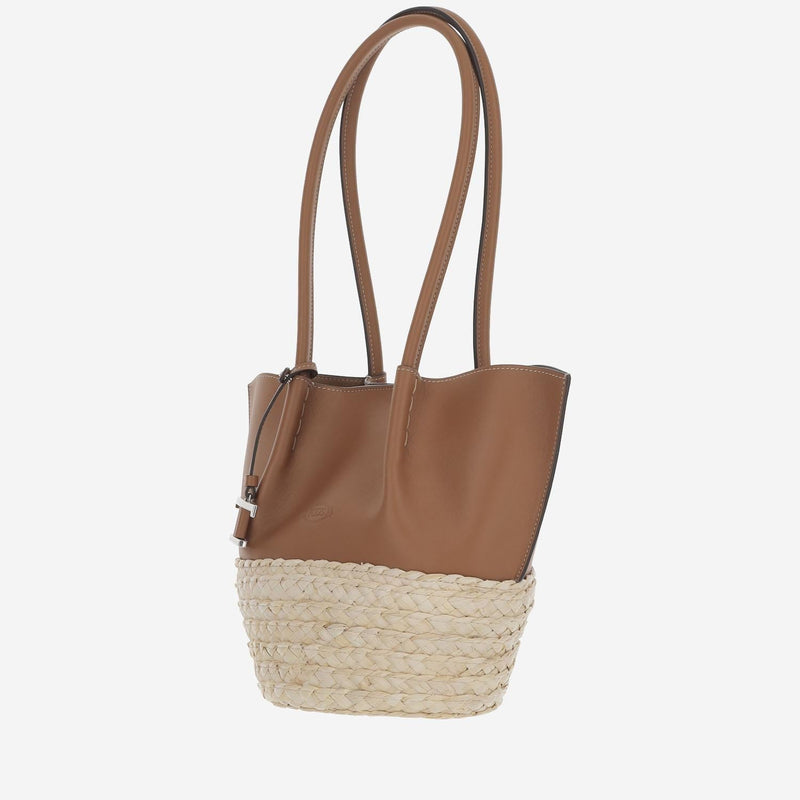 Tods Leather And Raffia Colour-Block Shoulder Bag — Brown