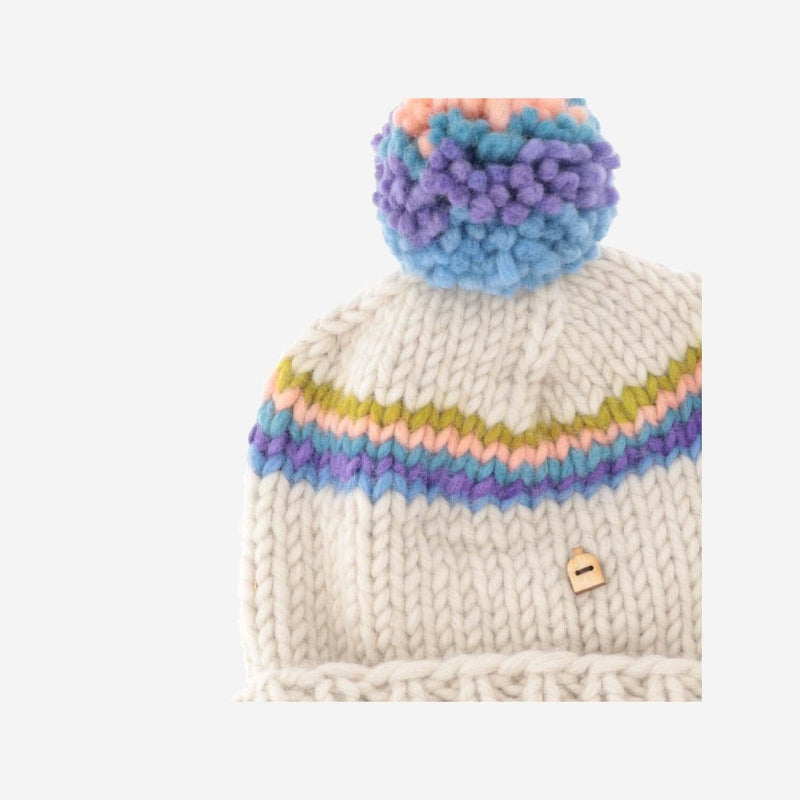 Myssy Sompa Wool With Striped Pom Beanie — White Finnshep Beanies