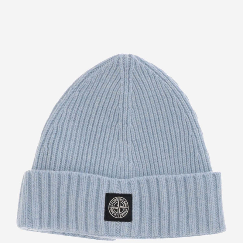 Stone Island N100003 Wool Blend Ribbed Beanie — Blue Beanies