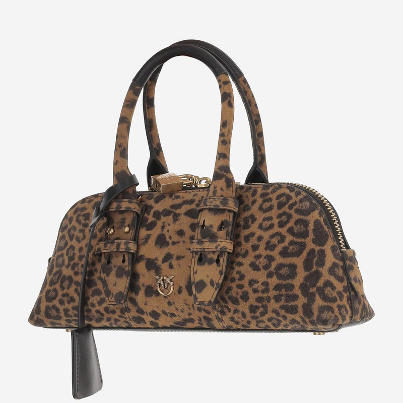 Pinko Leopard Print Leather Shoulder Bag — Brown