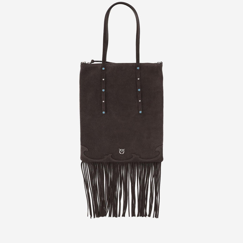 Pinko Fringed Suede Shoulder Bag — Brown Leather