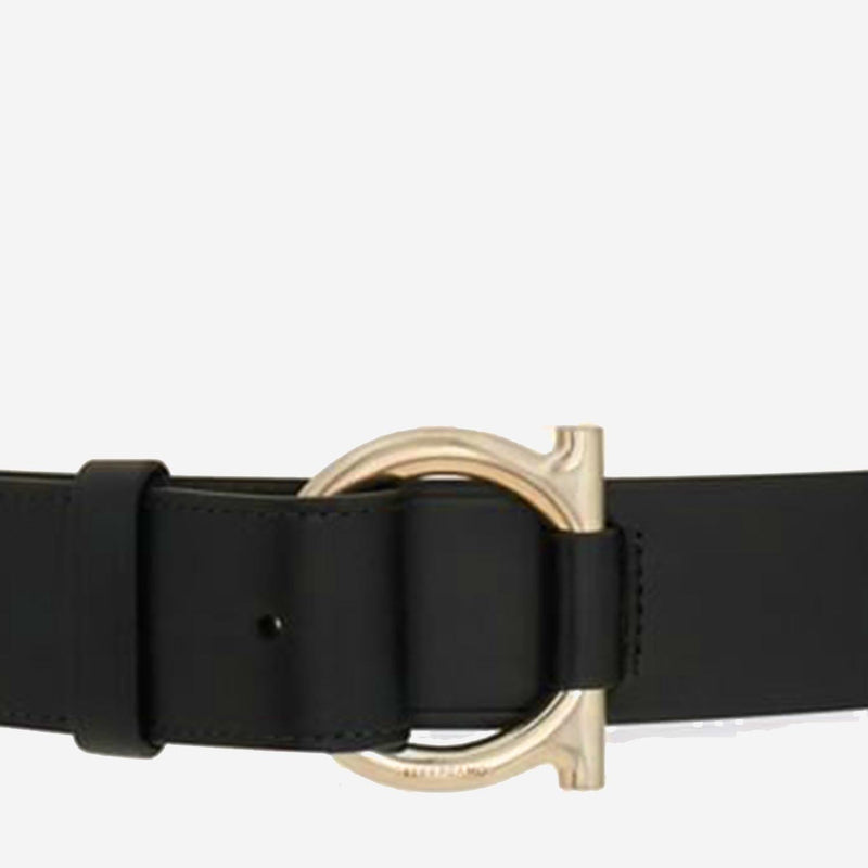 Ferragamo Calfskin Leather With Signature Golden Buckle Belt — Black