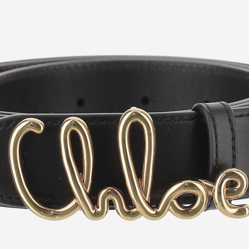 Chloé Calfskin Leather With Brass Buckle Belt — Black