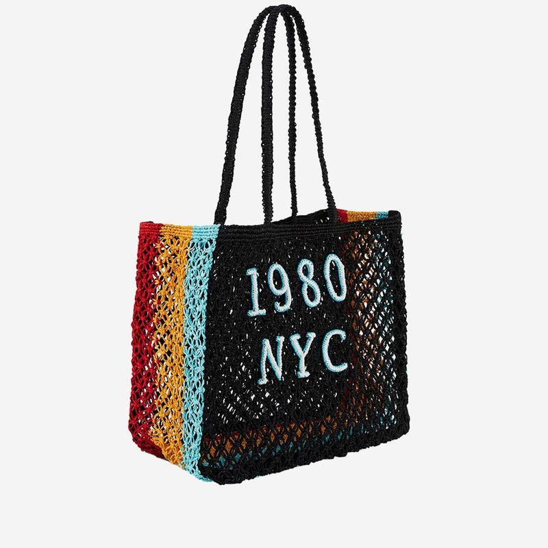 Wild Logo-Embroidered Raffia Tote Bag — Black