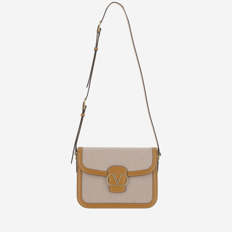 Valentino Garavani Canvas With Leather Trim Shoulder Bag — Beige