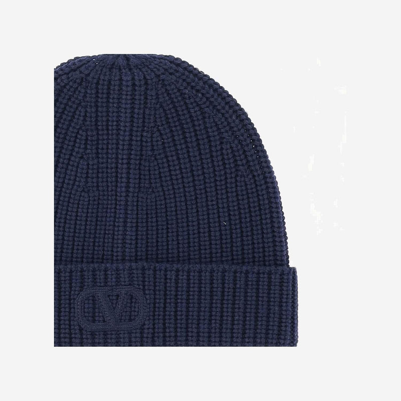 Valentino Garavani Yhb01lind Vlogo Chunky Knit Beanie — Navy Virgin Wool Beanies