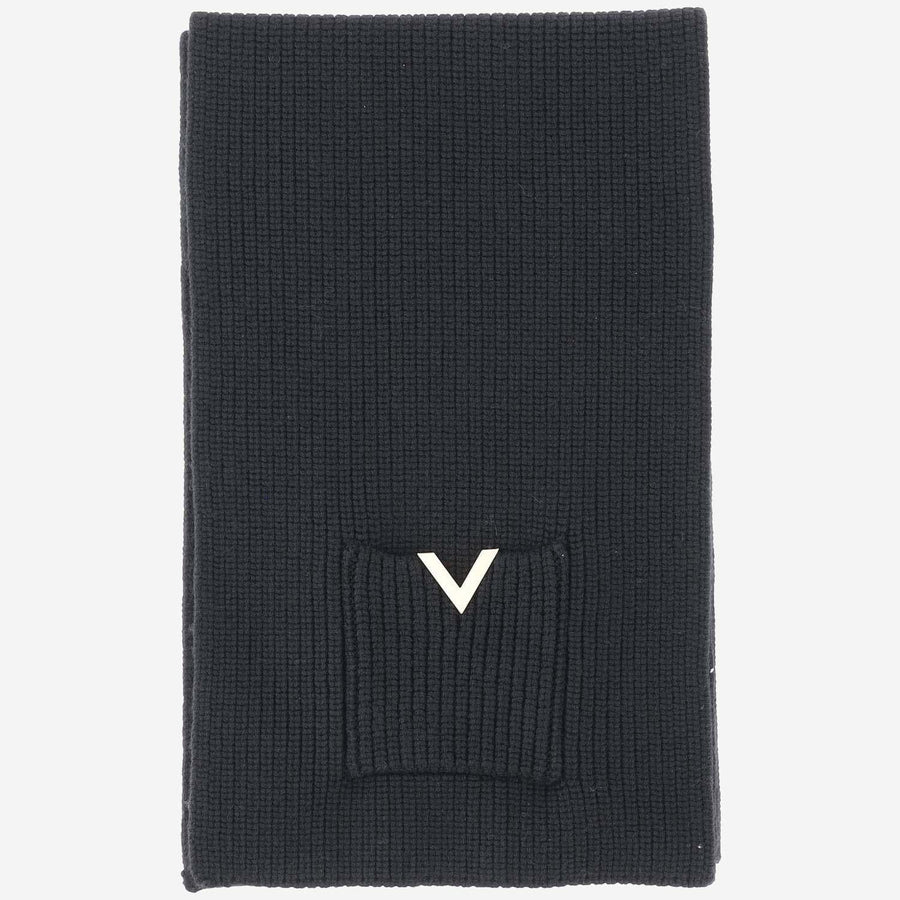 Valentino Garavani Wool With Metal V Logo Scarf — Black Scarfs