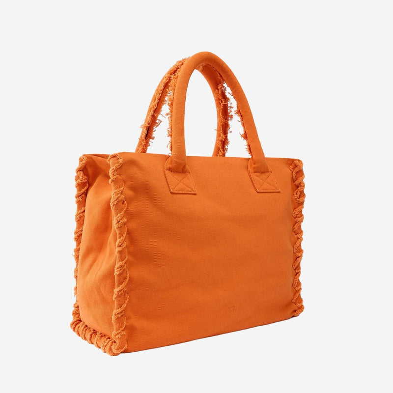 Pinko Cotton Shopper With Fringed Trim Tote Bag — Orange