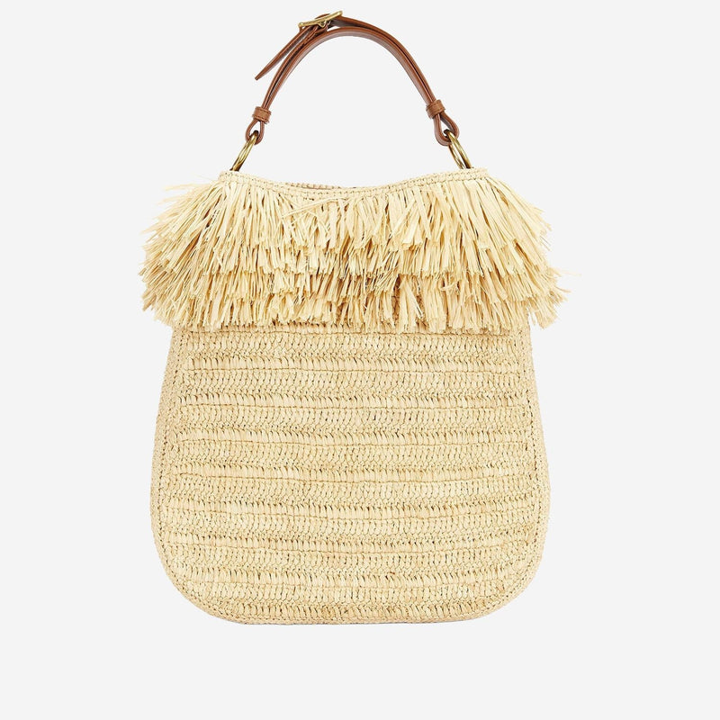 Saint Laurent Fringed Raffia Shoulder Bag — Beige