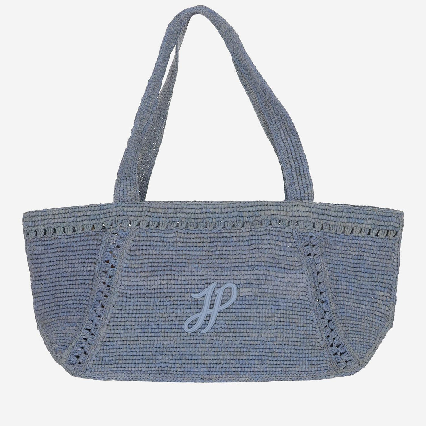 Patou Embroidered Logo Raffia Shoulder Bag — Navy