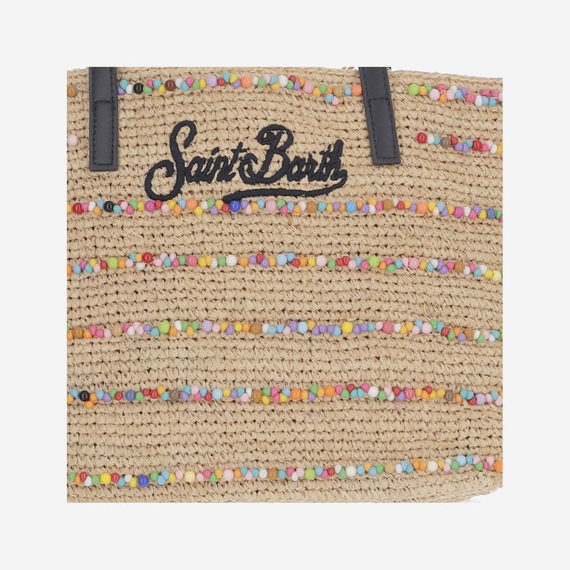 Mc2 Saint Barth Woven Raffia With Beaded Stripes Tote Bag — Beige