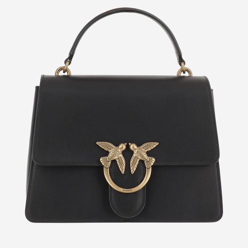 Pinko Leather With Logo Buckle Top Handle Bag — Black