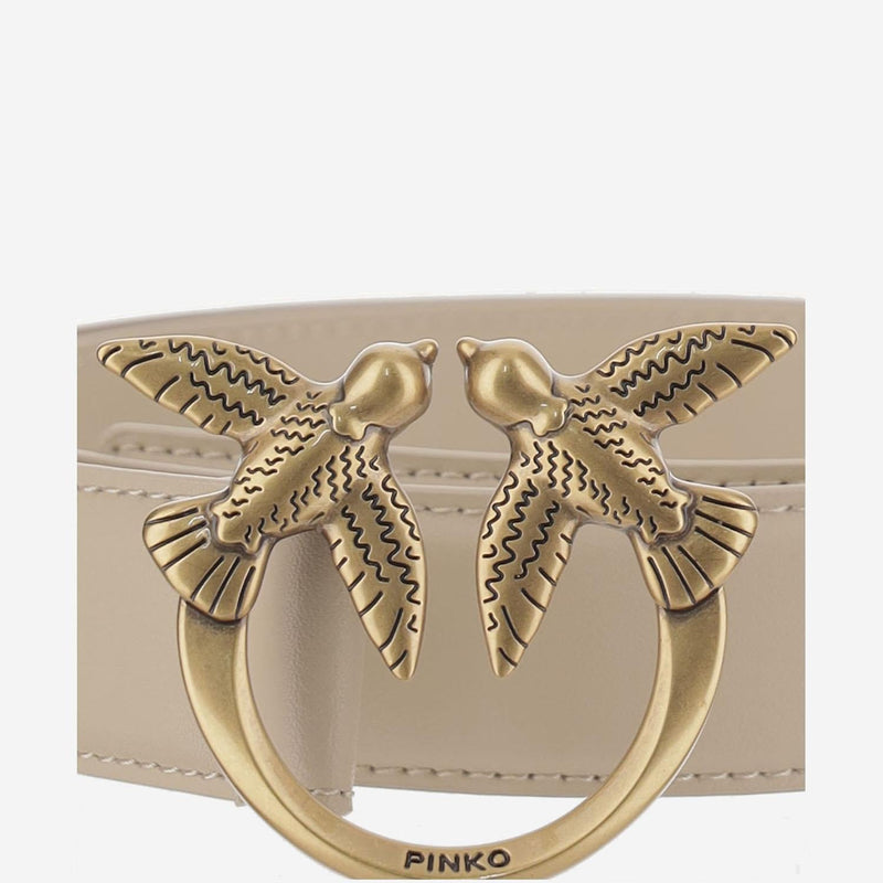 Pinko Leather With Love Birds Buckle Belt — Beige