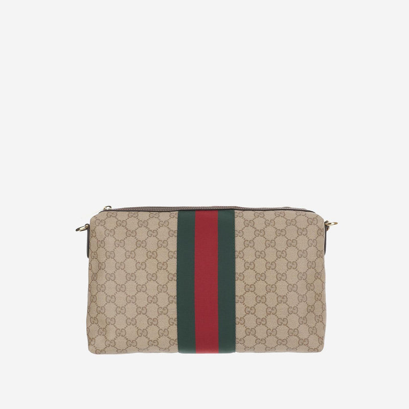 Gucci Gg Coated Canvas With Web Stripe Shoulder Bag — Beige Cotton