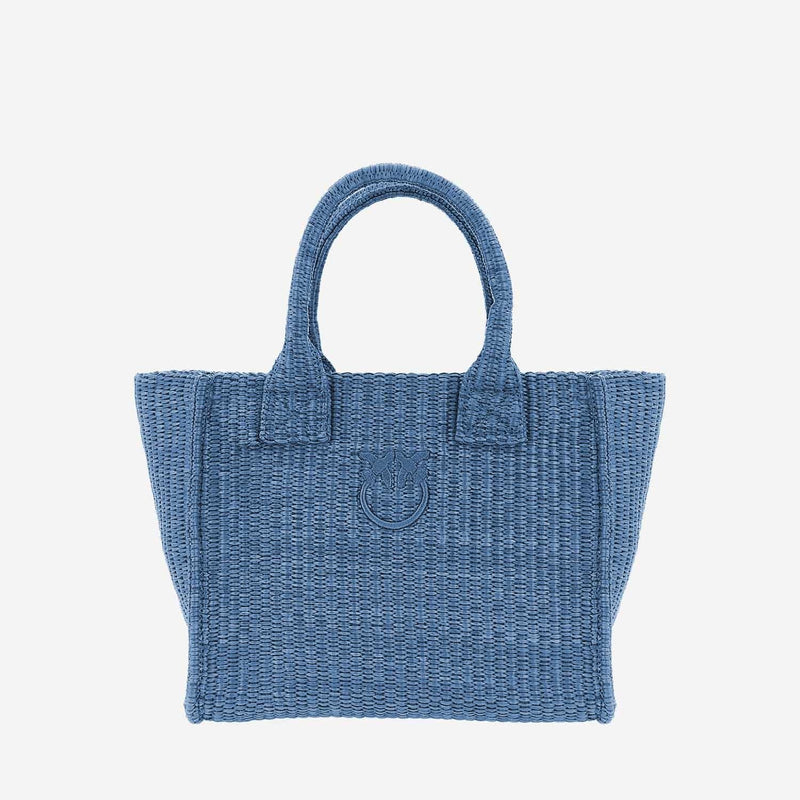 Pinko Hand-Woven Raffia Tote Bag — Blue Polypropylene