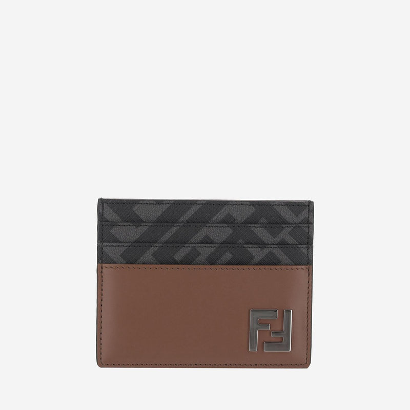 Fendi Leather With Metallic Ff Logo Card Case — Brown Cases