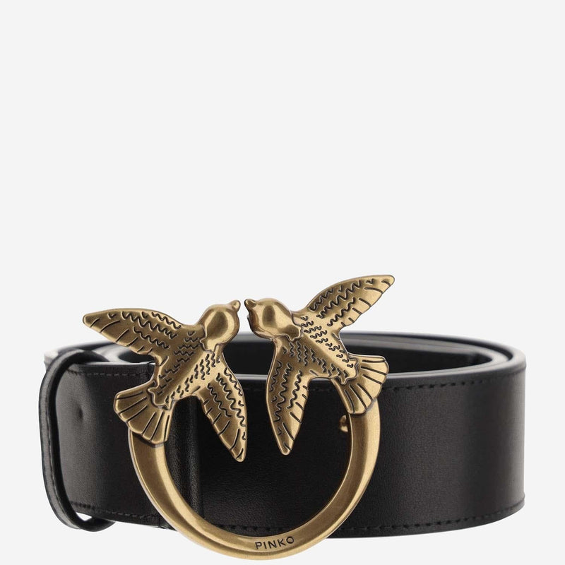 Pinko Love Birds Buckle Belt — Black Leather