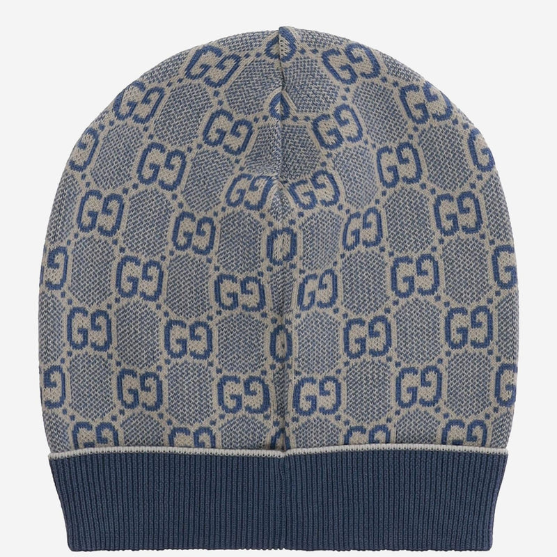 Gucci 805840 Gg Jacquard Cotton Beanie — Navy Beanies