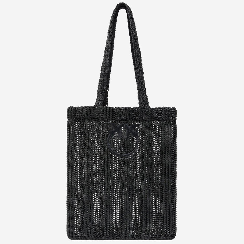 Pinko Embroidered Raffia Tote Bag — Black Polypropylene