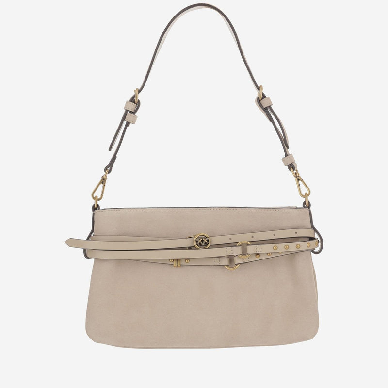 Pinko Studded Belt Detail Shoulder Bag — Beige Leather