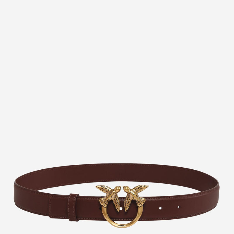 Pinko Love Birds Buckle Belt — Brown Calfskin Leather