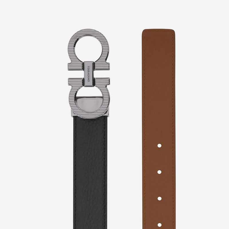 Ferragamo Gancini Leather Reversible Belt — Black Calfskin