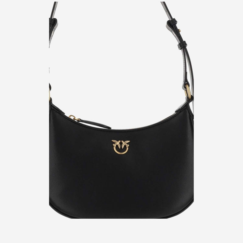 Pinko Gold-Winged Logo Embellished Shoulder Bag — Black Leather