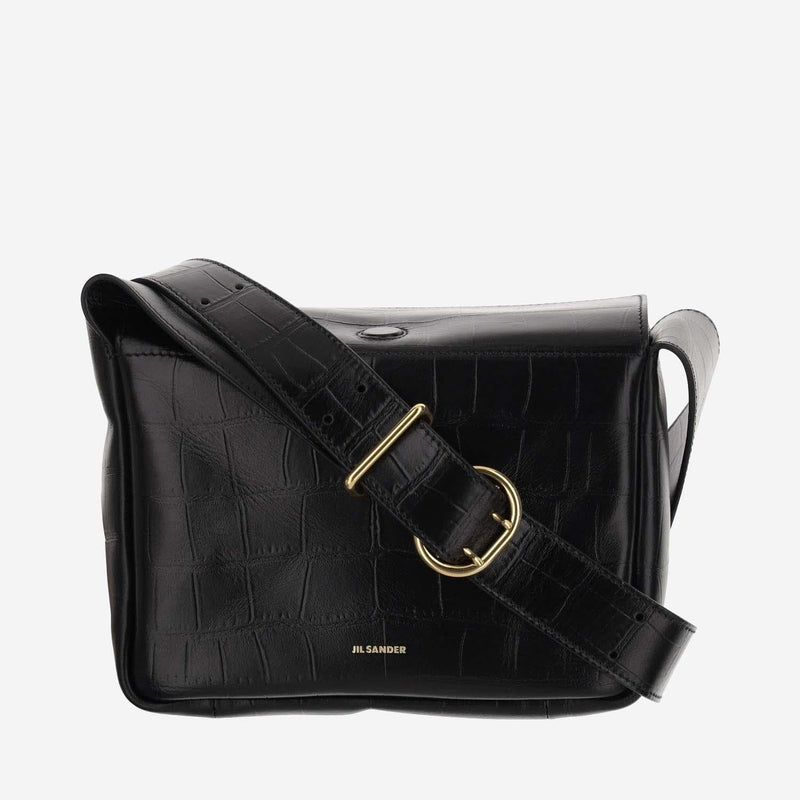 Jil Sander Embossed Calfskin Flap Shoulder Bag — Black