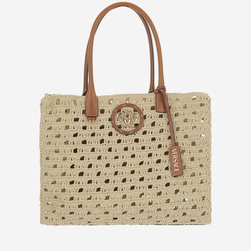 Versace Perforated Cotton Canvas Tote Bag — Beige