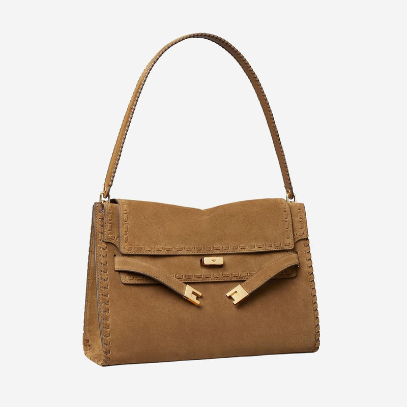 Tory Burch Whipstitched Suede Shoulder Bag — Brown Leather