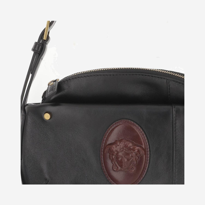 Versace Embossed Medusa Logo Shoulder Bag — Black Leather