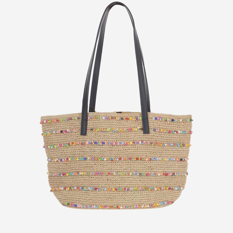 Mc2 Saint Barth Woven Raffia With Beaded Stripes Tote Bag — Beige