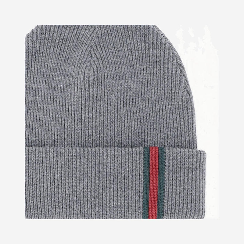 Gucci 834192 Wool Ribbed With Web Stripe Beanie — Gray Fabric Beanies