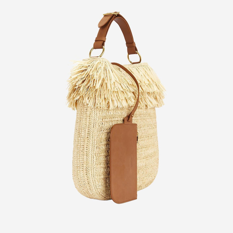 Saint Laurent Fringed Raffia Shoulder Bag — Beige