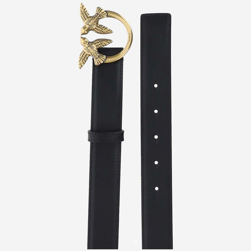 Pinko Love Birds Buckle Leather Belt — Black